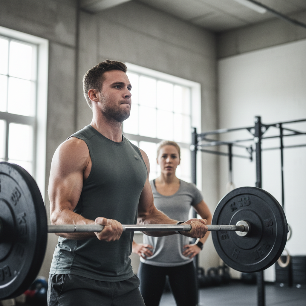 En mandlig crossfit-udøver løfter en vægtstang over hovedet under et træk, med fokus på korrekt teknik, og en træner holder øje i baggrunden.