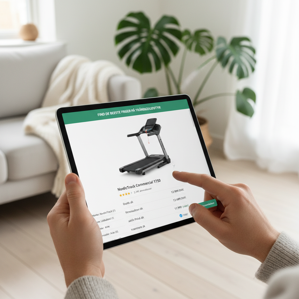 Nærbillede af hænder, der navigerer på Fitness-pris.dk's hjemmeside på en tablet med prissammenligninger og produktinformationer.