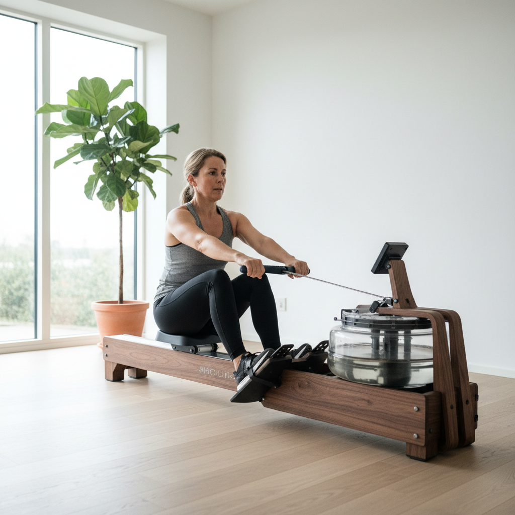 En kvinde ror intenst på en moderne vandromaskine i et lyst homegym, der viser en effektiv helkropstræning.