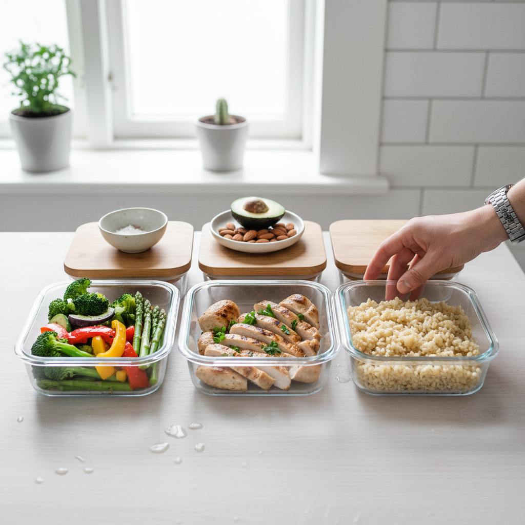 Overblik over velafbalancerede måltidskasser med protein, kulhydrater og sunde fedtstoffer klar til et bulking-regime.