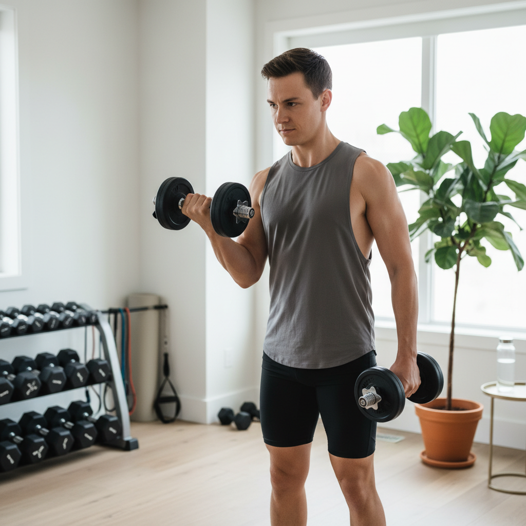 En person udfører en bicep curl med justerbare håndvægte i et hjemmegymnastikmiljø.