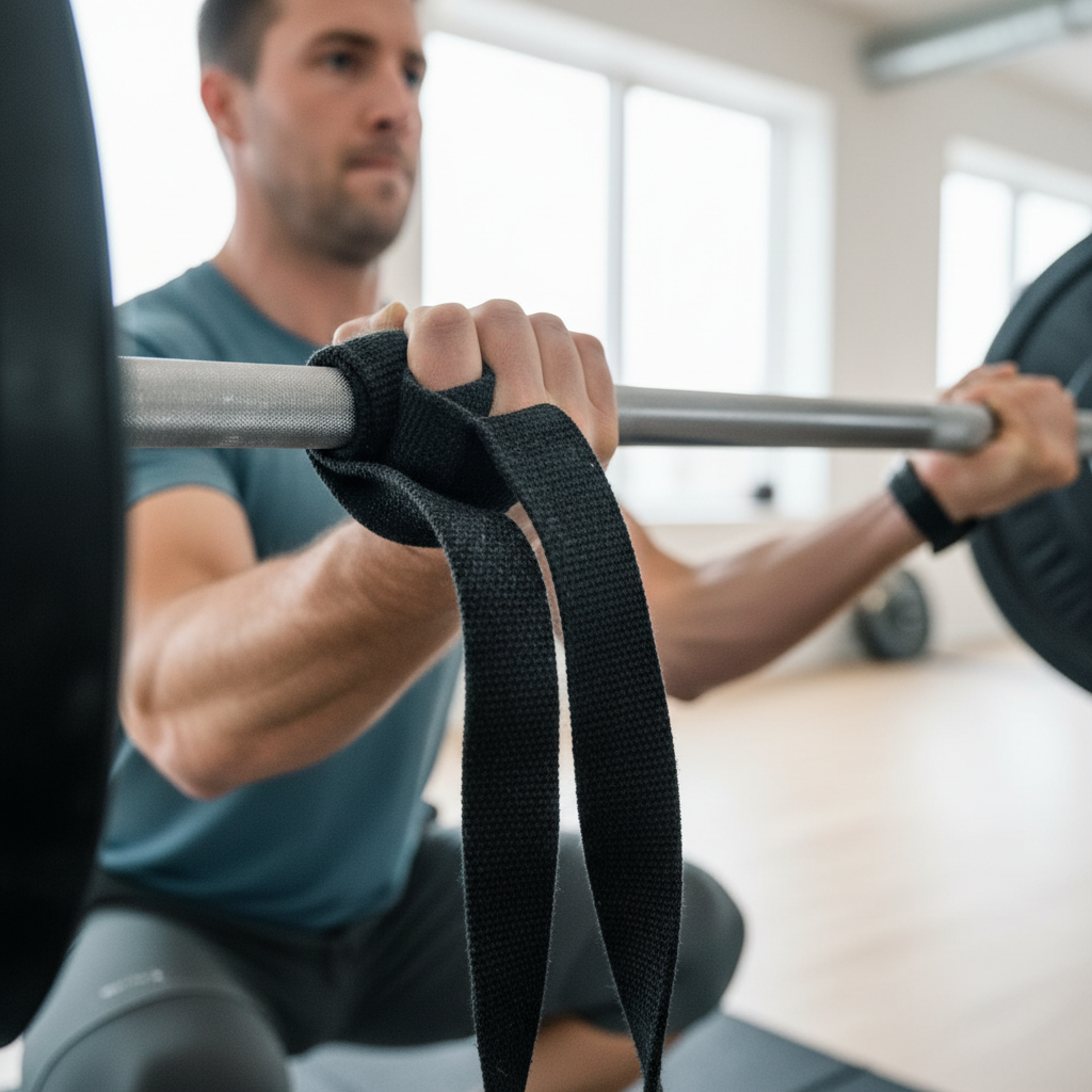 Nærbillede af løfteremme (straps) viklet omkring en vægtstang og en hånd under dødløft.