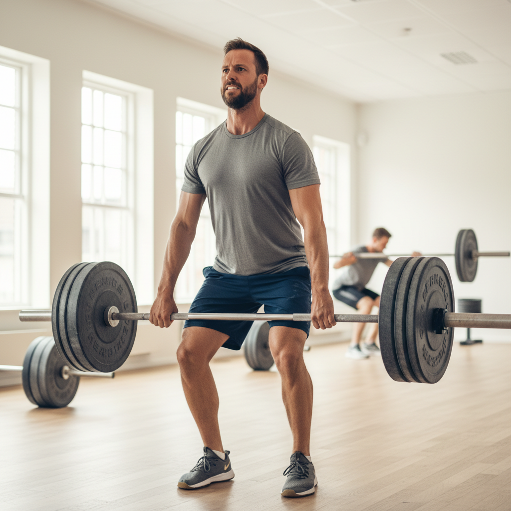 En mand udfører et tungt dødløft med vægtstang i et fitnesscenter, fokuseret med ret ryg og korrekt udførelse.