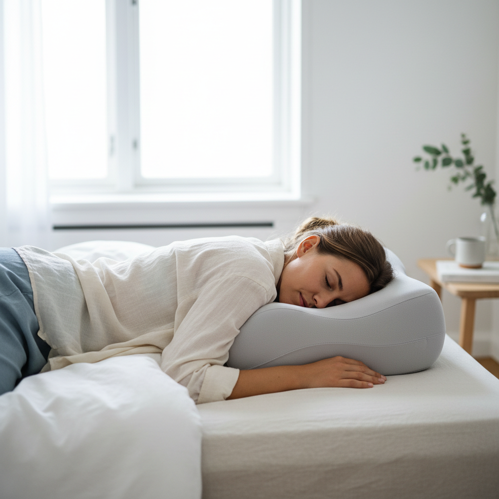 En person sover på siden med perfekt justeret rygsøjle og nakke, hvilket illustrerer optimal restitution under søvn.