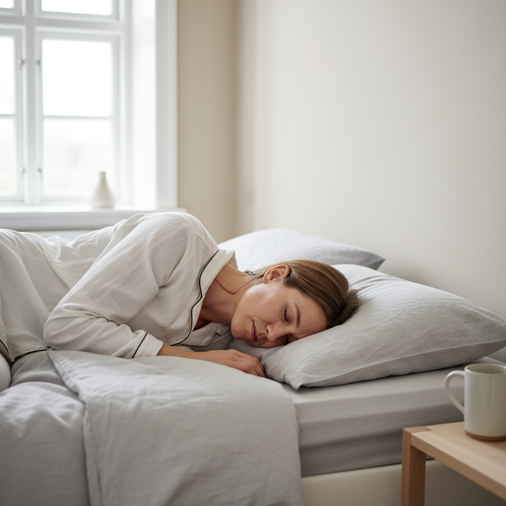 En person sover på siden med en forkert hovedpude, der ikke støtter nakken tilstrækkeligt, hvilket skaber en nedadgående bøjning.