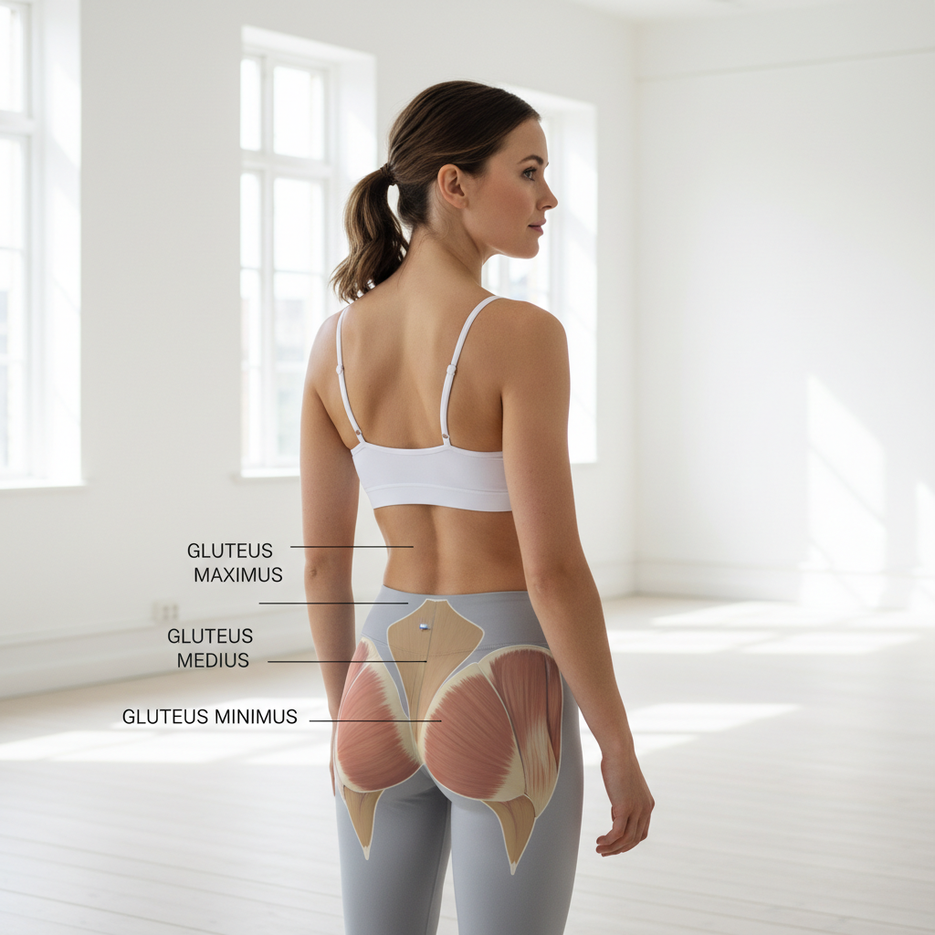 Anatomisk illustration af baldemusklerne: Gluteus Maximus, Gluteus Medius og Gluteus Minimus.