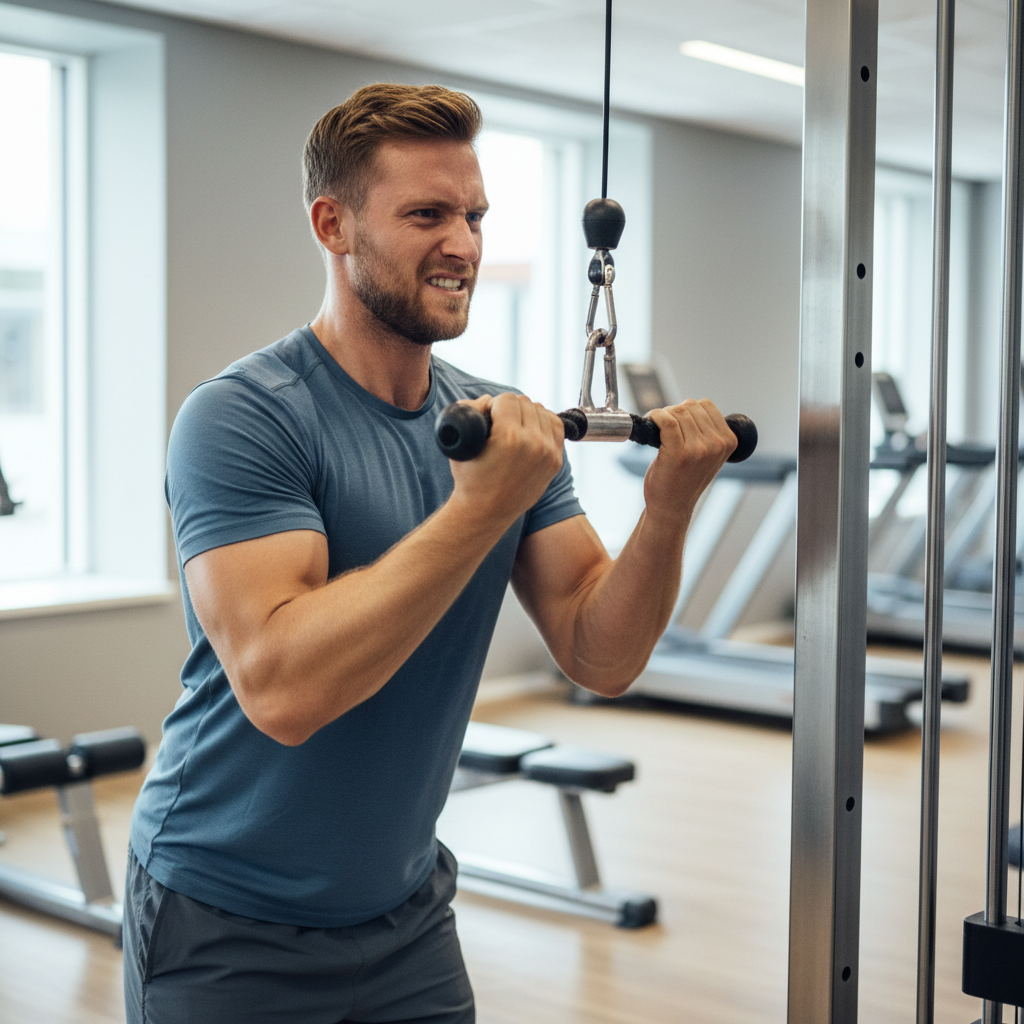 En person udfører face pulls med forkert teknik, hvor biceps dominerer trækket og skulderen ikke roterer korrekt, hvilket indikerer for tung vægt.