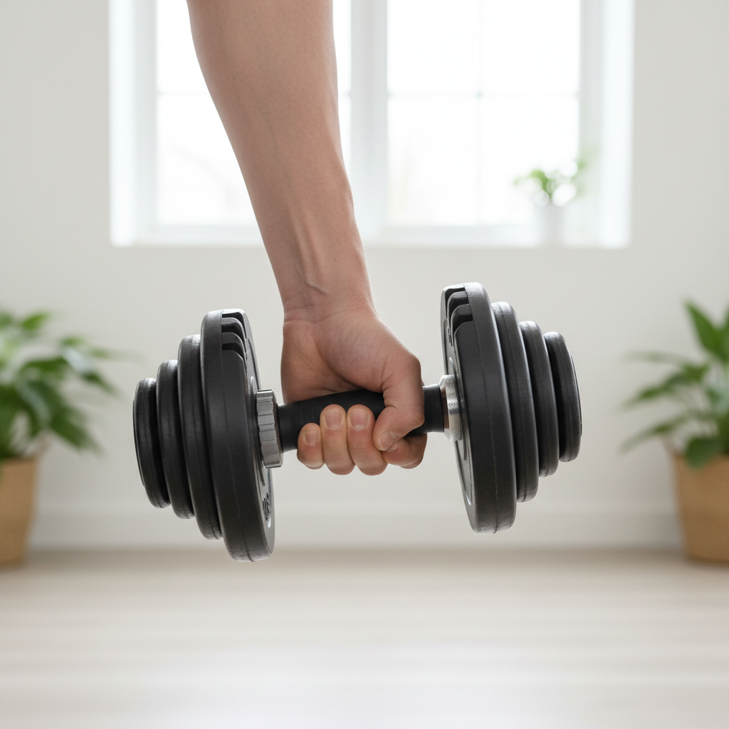 Nærbillede af hænder, der justerer vægten på en justerbar håndvægt ved at dreje et hjul, med et moderne homegym i baggrunden.
