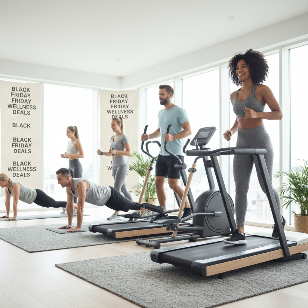 En gruppe mennesker, der træner med forskelligt udstyr i et hjemmegym, med Black Friday-temaer i baggrunden.