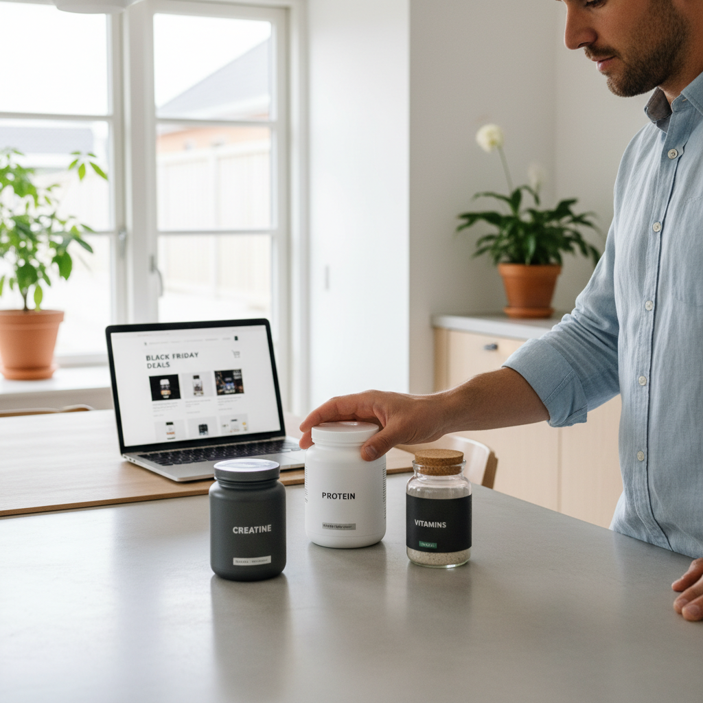 Bøtter med proteinpulver, kreatin og vitaminer på en køkkenbordplade, med en computer i baggrunden der viser Black Friday-tilbud.