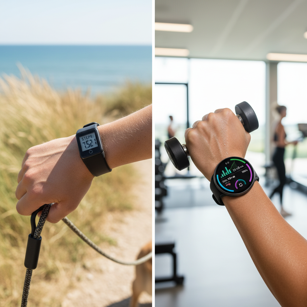 Sammenligning af en gammel, enkel skridttæller og et moderne smartwatch, der viser avanceret sundhedsdata.