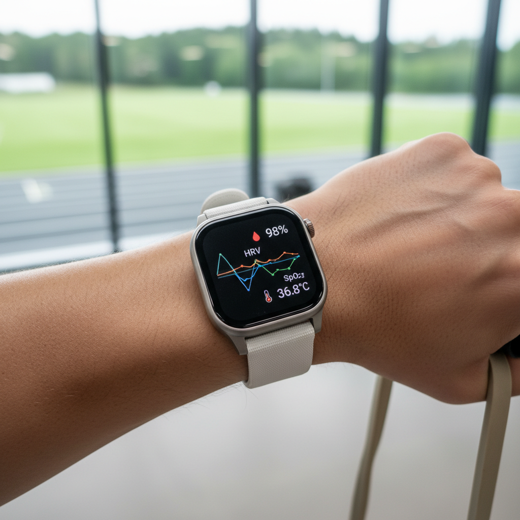 Nærbillede af et moderne smartwatch, der viser avancerede helbredsdata som puls, iltmætning og hudtemperatur.