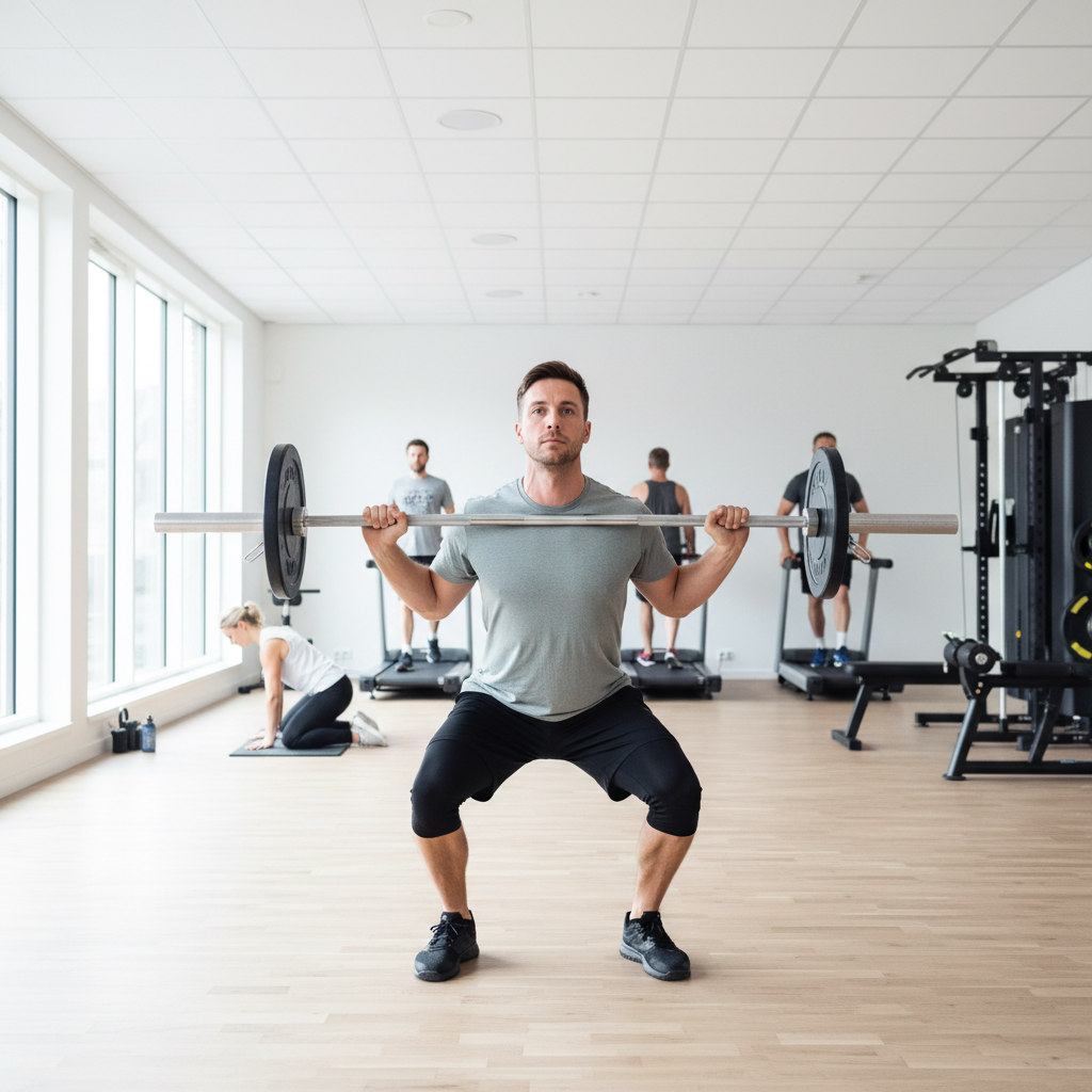 En nybegynder udfører et barbell squat med korrekt teknik i et moderne træningscenter, vigtigt for at frekvent øve bevægelsesgrundlag.