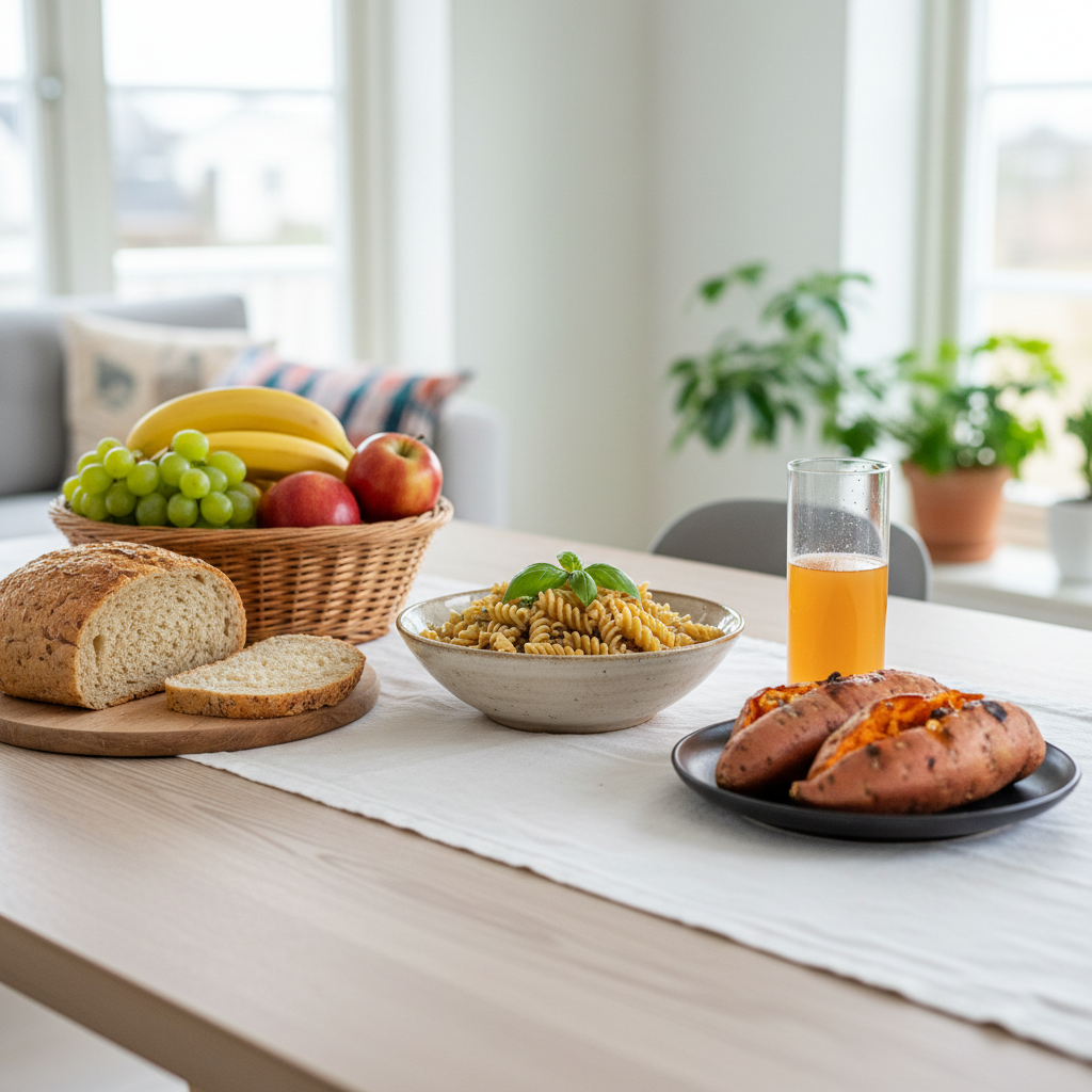 Et udvalg af kulhydratrige fødevarer, herunder fuldkornspasta, frugt, brød og søde kartofler.
