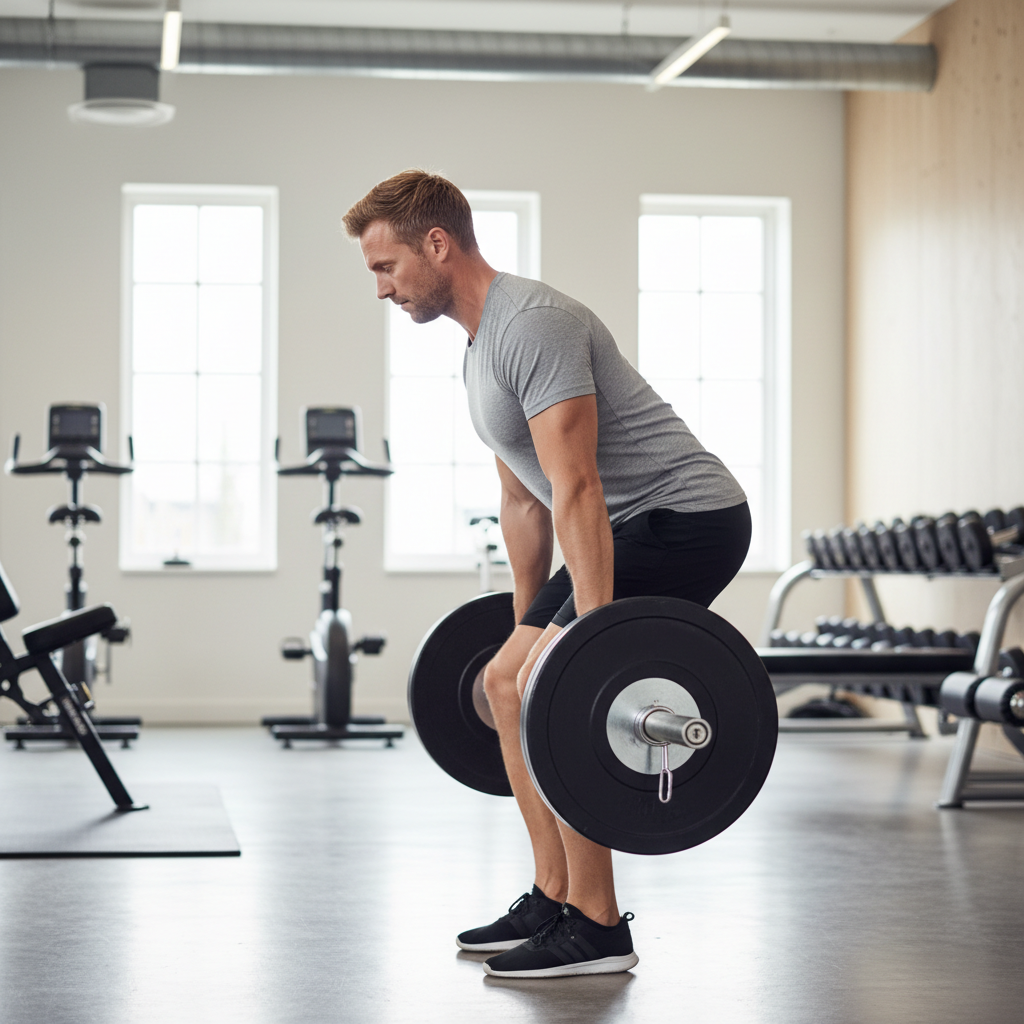 En mand udfører et dødløft med korrekt form i et moderne fitnesscenter, fokuseret på øvelsen.