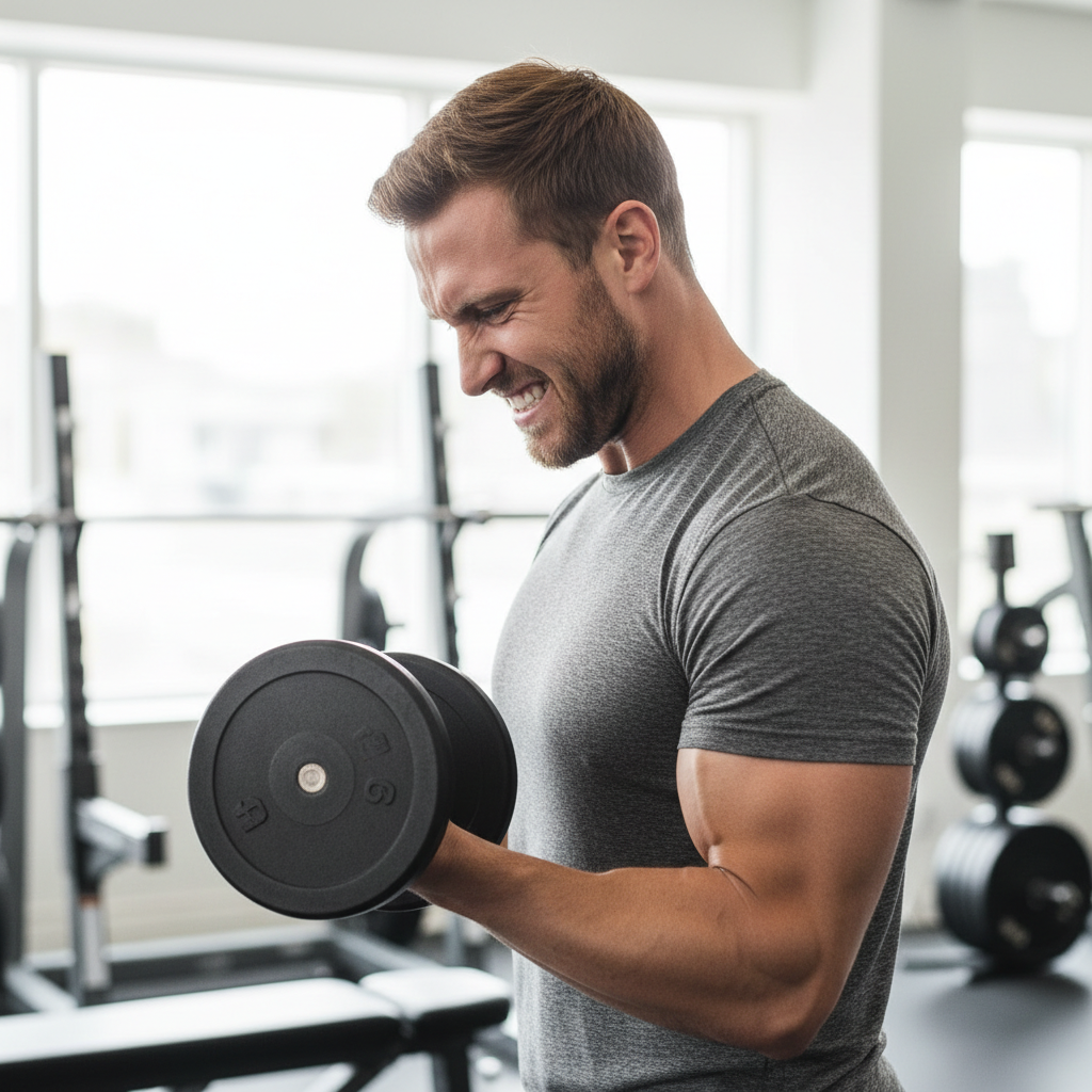 En mand med veldefinerede overarme udfører en bicep curl med en håndvægt i et fitnesscenter.