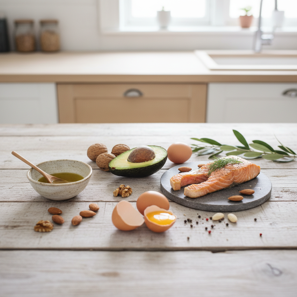 Et udvalg af sunde fedtkilder som avocado, olivenolie, nødder, laks og æg, arrangeret på et rustikt træbord.