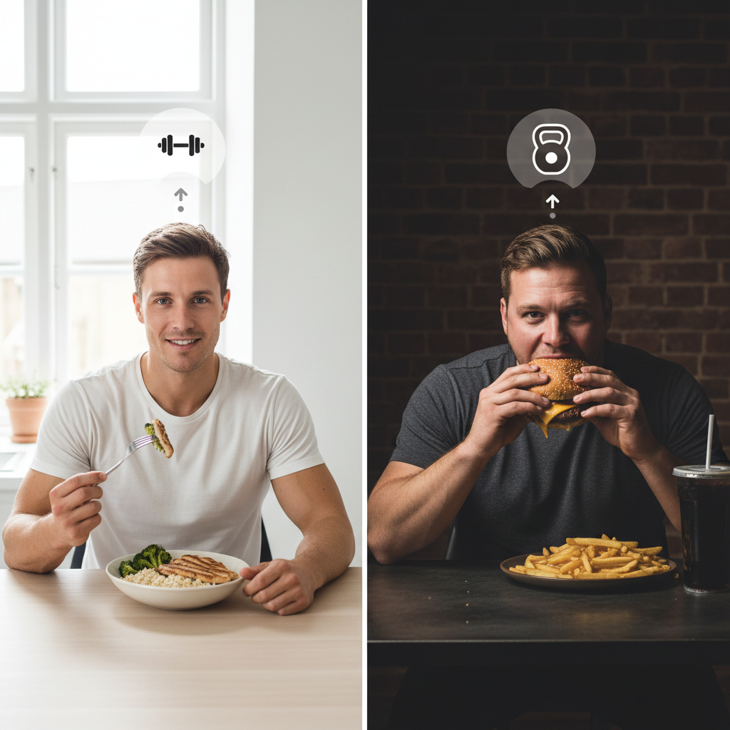 Sammenligning af clean bulk og dirty bulk med billeder af en mand, der spiser sundt, og en mand, der spiser fastfood, illustrerende forskellige resultater.