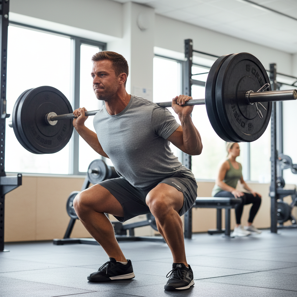 En muskuløs mand udfører en tung barbell squat i et fitnesscenter, med fokus på styrke og korrekt teknik.