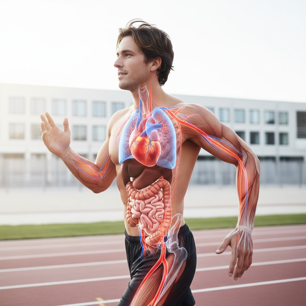 Illustration af kroppen under cardiotræning, der viser hjertet, lungerne og muskler, der arbejder mere intenst.