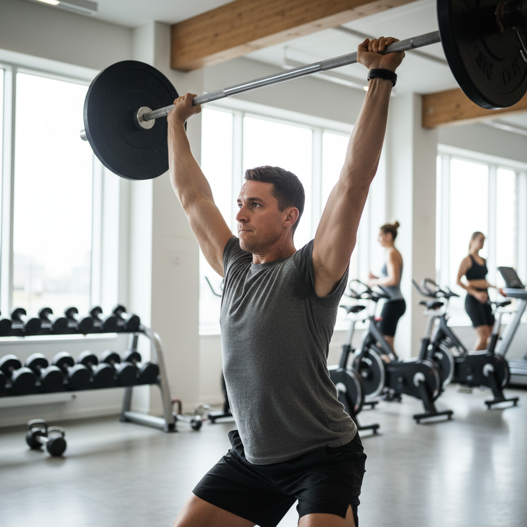 En atlet løfter tunge vægte med intens koncentration i et fitnesscenter, hvilket demonstrerer muskelstyrke og eksplosivitet.