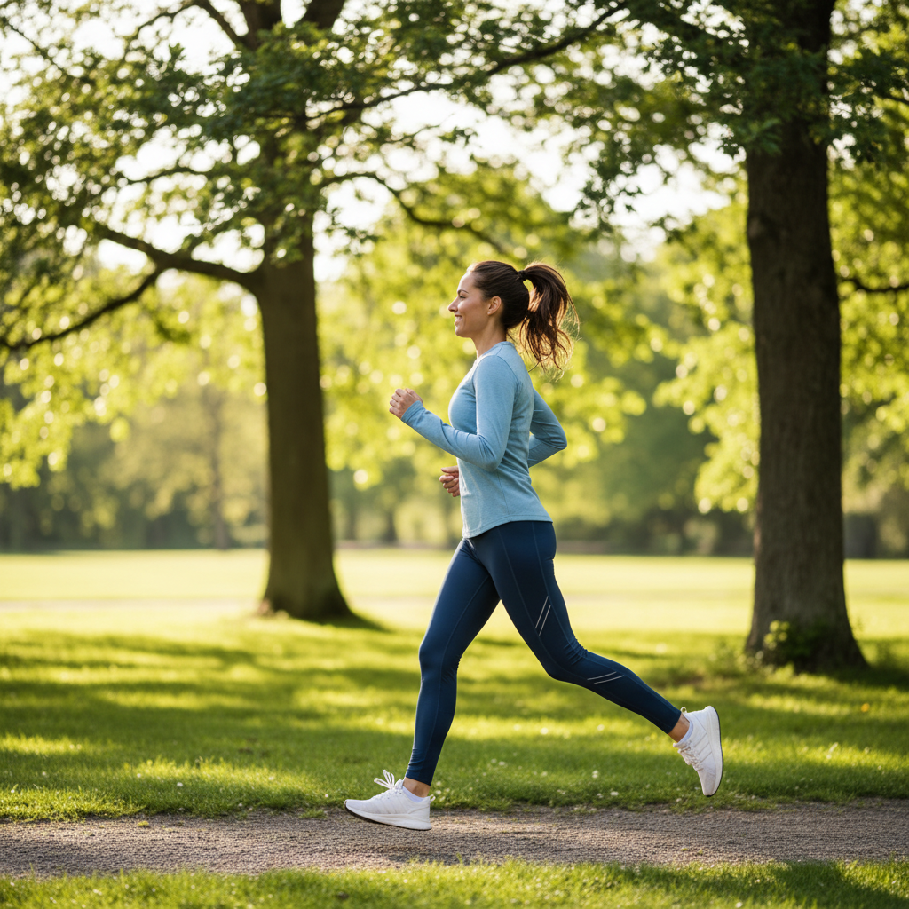 En kvindelig løber i fuld fart og med et smil på læberne under en løbetur i en park.