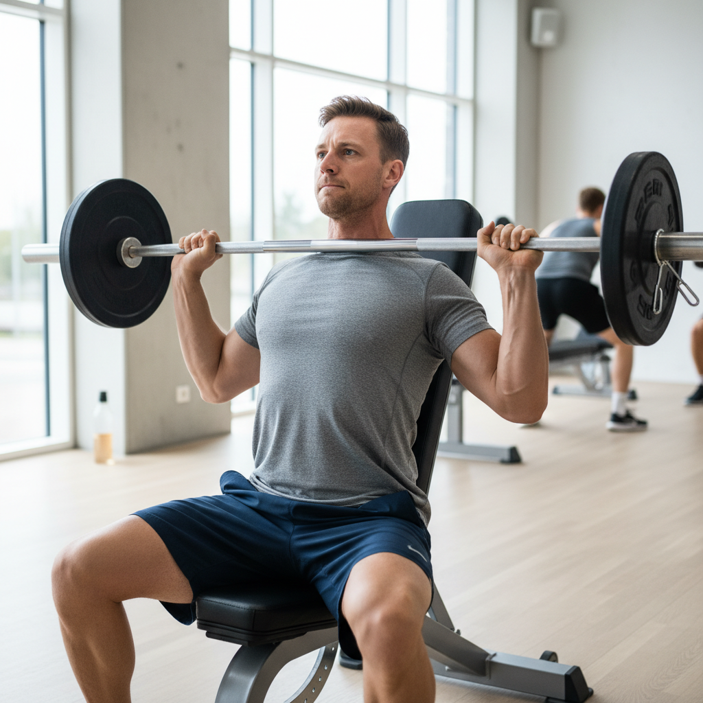 Mand udfører incline barbell press med korrekt teknik på en træningsbænk.