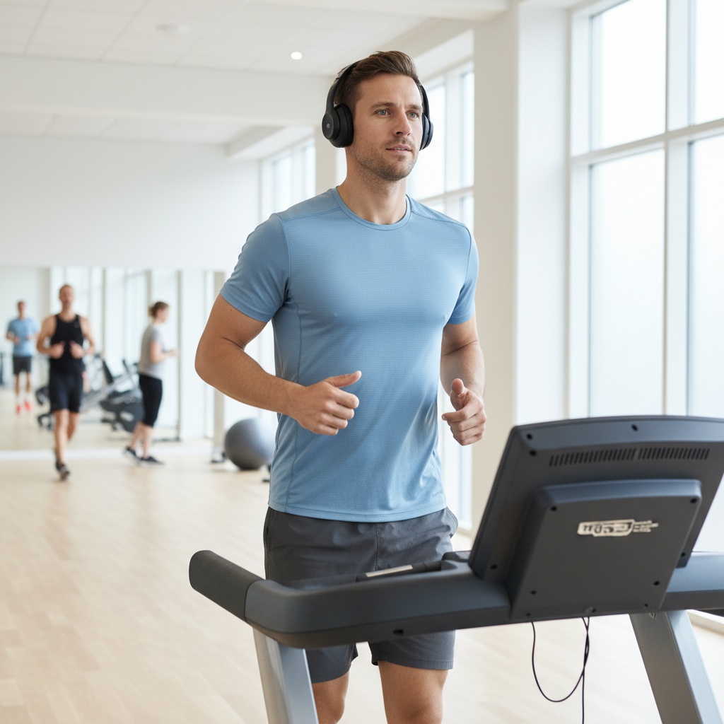 Mand løber på løbebånd med et roligt, jævnt tempo, et klassisk eksempel på steady-state cardio.