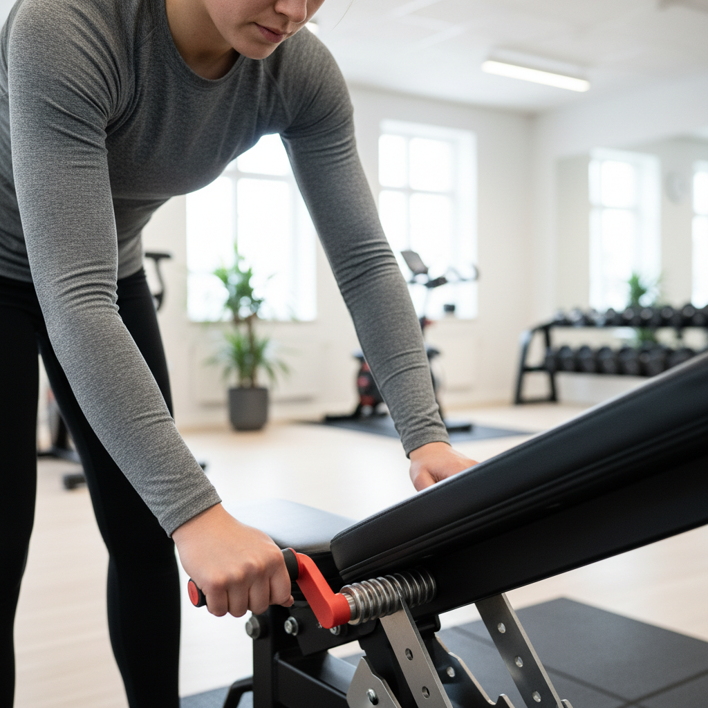 En person justerer siddehynden på en træningsbænk i et moderne fitnesscenter.