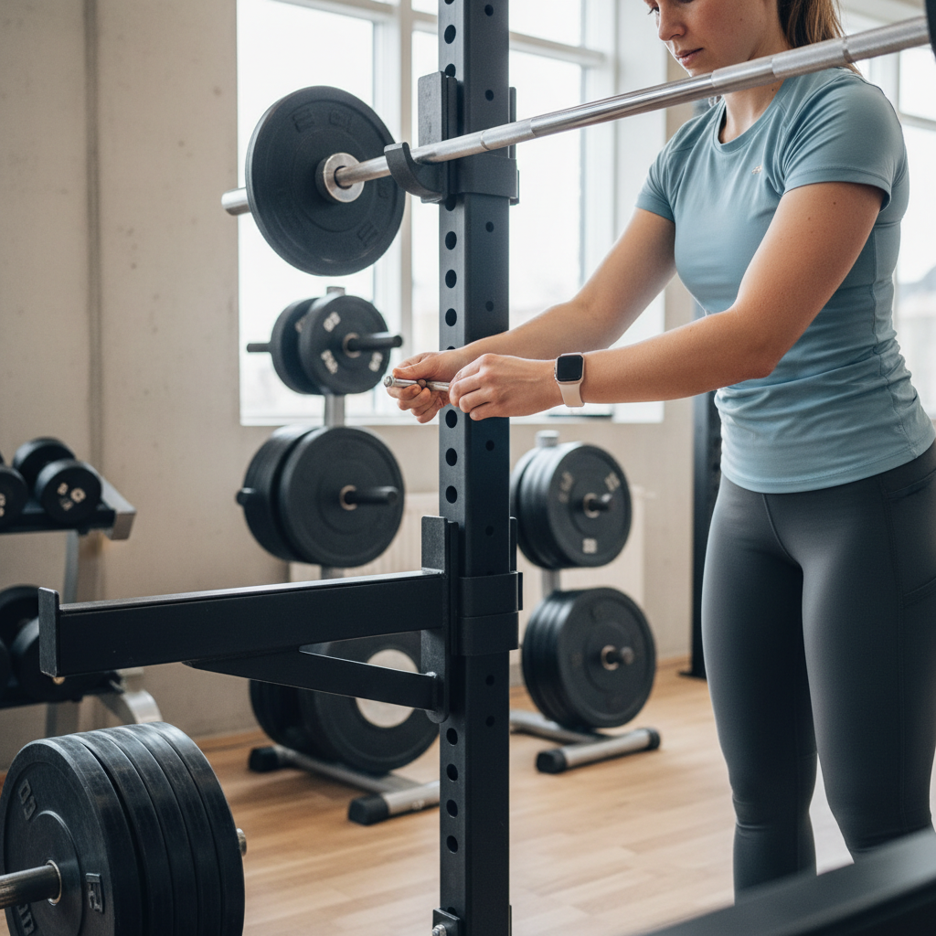 En mand justerer sikkerhedsbjælkerne i et squat rack med fokus på hænderne, der indsætter stiften.