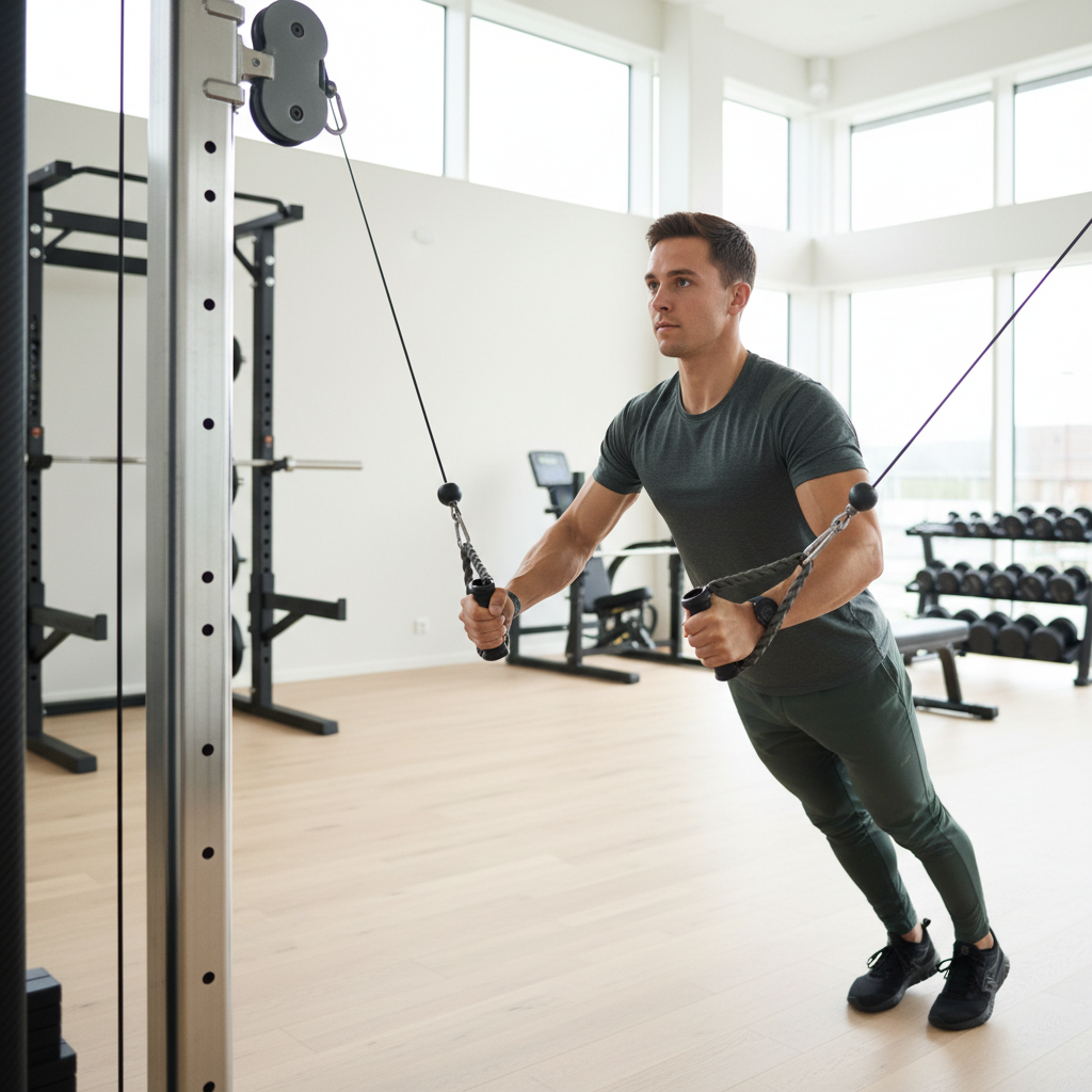 En person udfører en cable crossover-øvelse i et moderne fitnesscenter, med fuldt fokus og musklerne aktiverede.