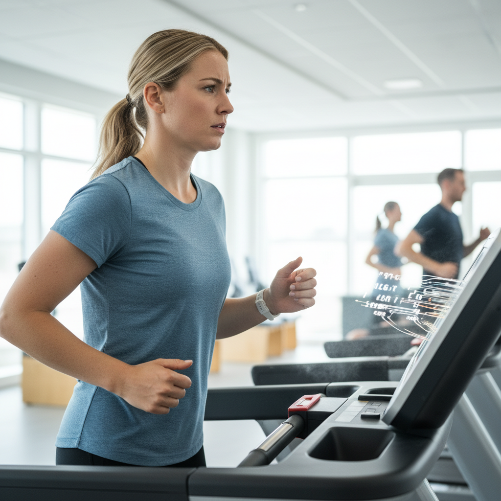 En person løber på et løbebånd i et fitnesscenter, og kigger frustreret på et display med utydelige, forkerte tal.
