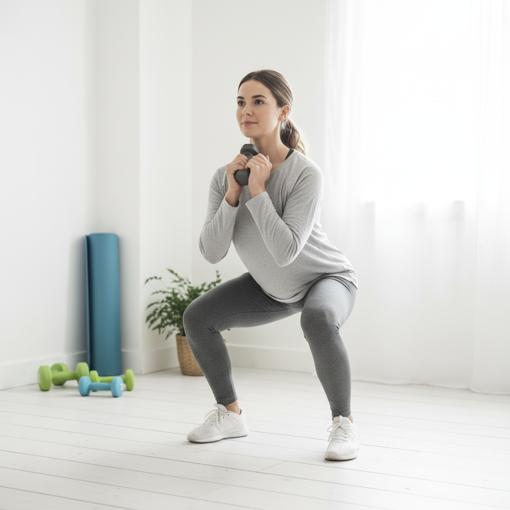 Kvinde udfører en goblet squat med en håndvægt i et hjemmegym.