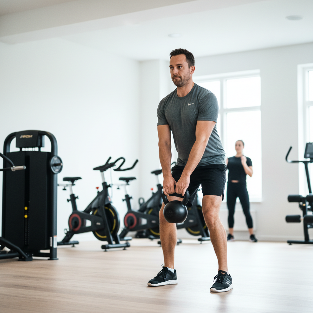 Mand udfører et kettlebell swing med en kettlebell i et fitnesscenter.
