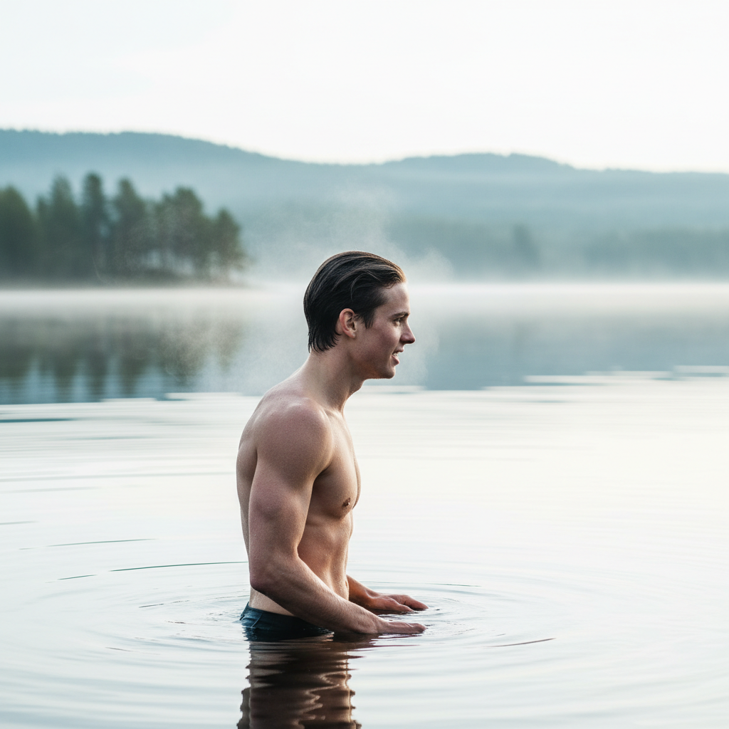 En atletisk person træder op fra koldt vand, med damp omkring sig, der indikerer kulden, og et udtryk der viser forfriskning.