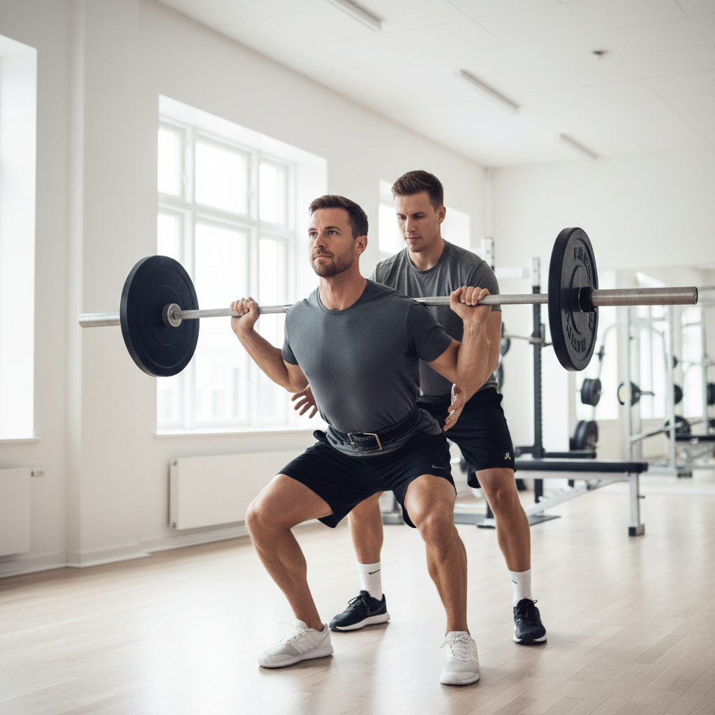 En mand udfører et barbell squat med korrekt teknik i et fitnesscenter.