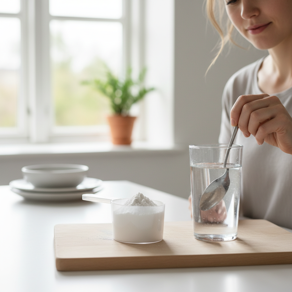 En skefuld hvidt kreatin monohydrat pulver ved siden af et glas vand, der røres, for at illustrere tilberedning af kosttilskuddet.