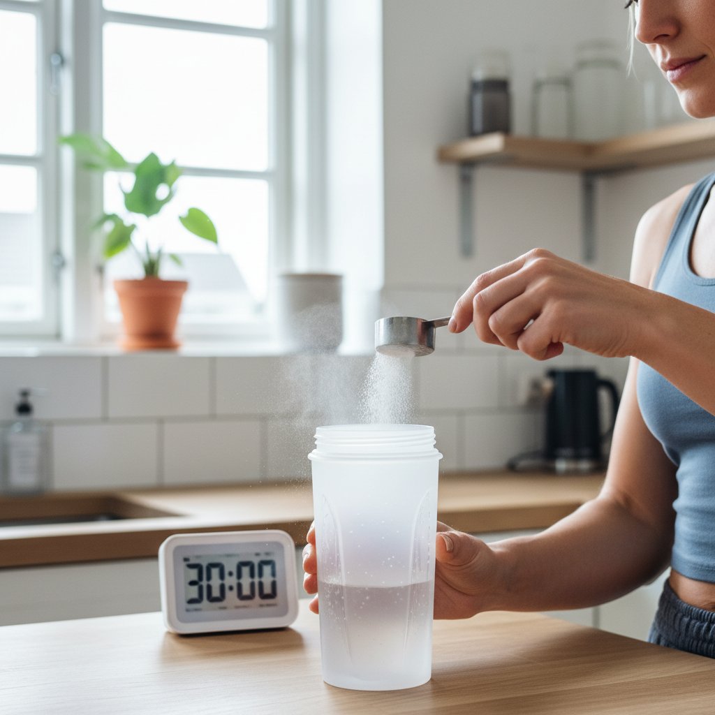 En person forbereder en pre-workout drik ved at hælde pulver i en shakerflaske, med et ur i baggrunden der viser 30 minutter.