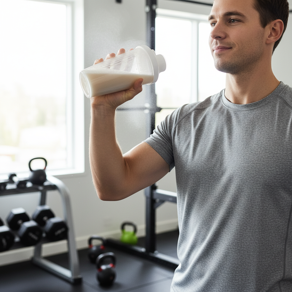 En person, der blander en proteinshake i en shakerflaske efter træning, med træningsudstyr i baggrunden.