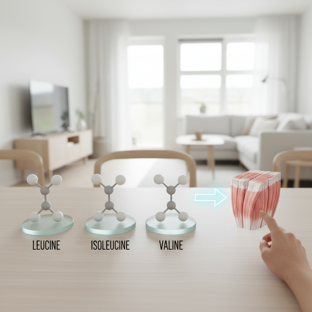 Illustration af de forgrenede molekylære strukturer af leucin, isoleucin og valin, der symboliserer BCAA'er og deres direkte indvirkning på musklerne.
