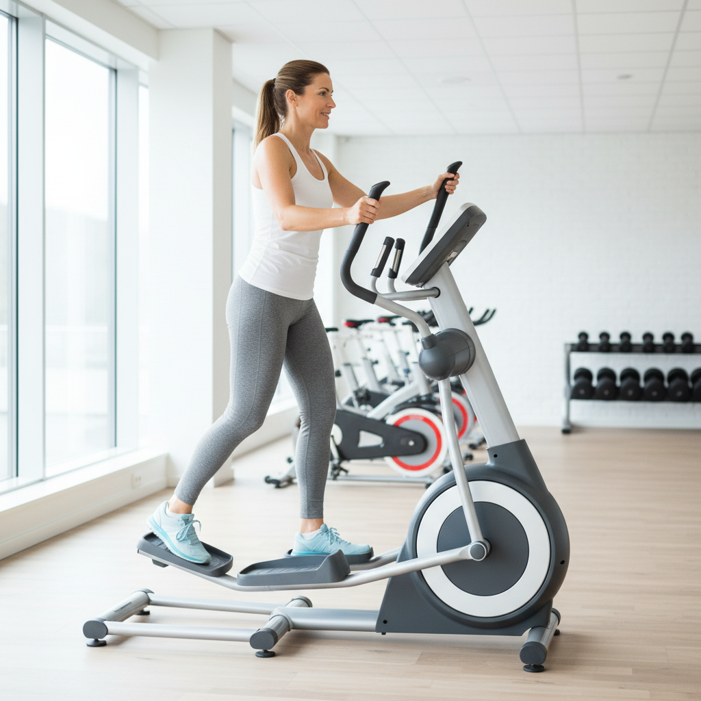 En person træner på en crosstrainer, hvor både arme og ben aktiveres, i et moderne fitnesscenter.