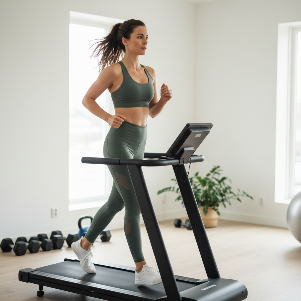 En kvinde løber intenst på et løbebånd i et moderne hjemmegym, med fokus på træningen.