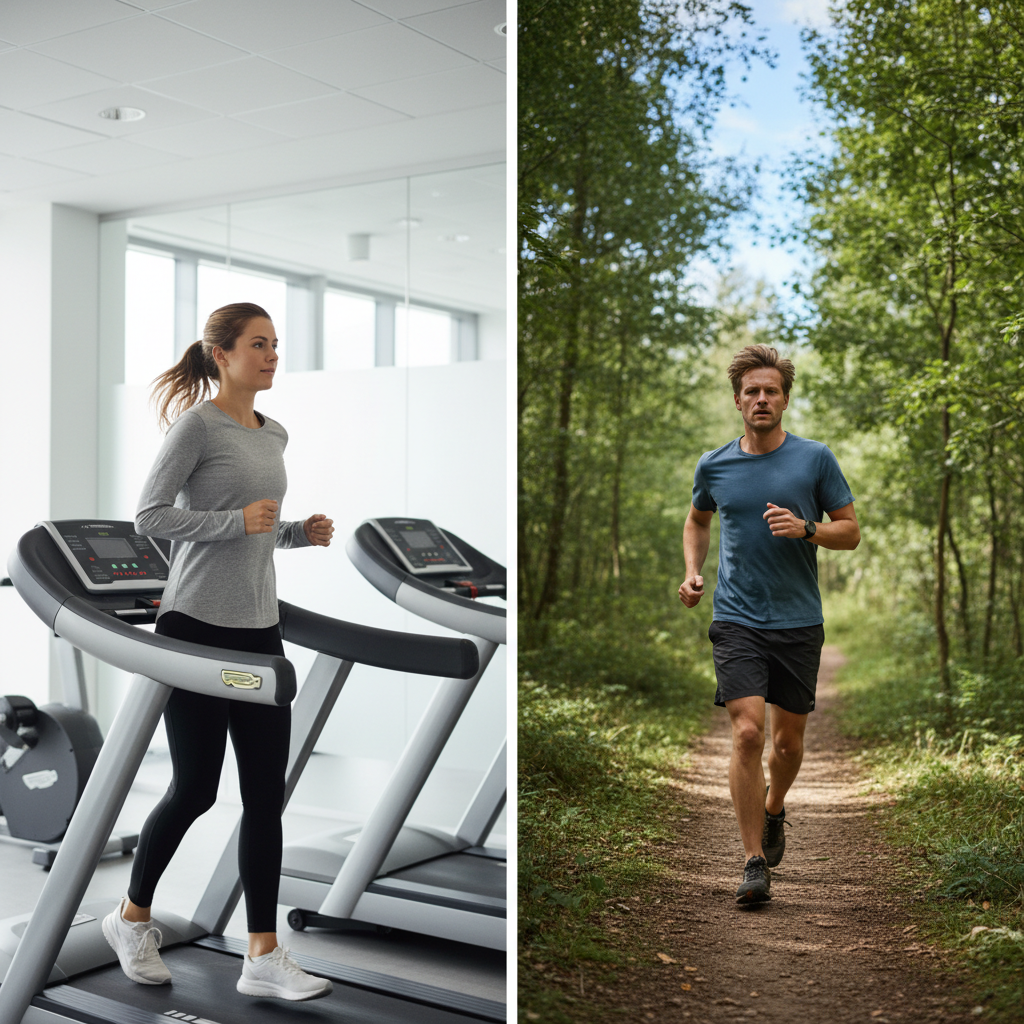 Sammenligning af en løber på løbebånd i et fitnesscenter og en løber udendørs på en natursti