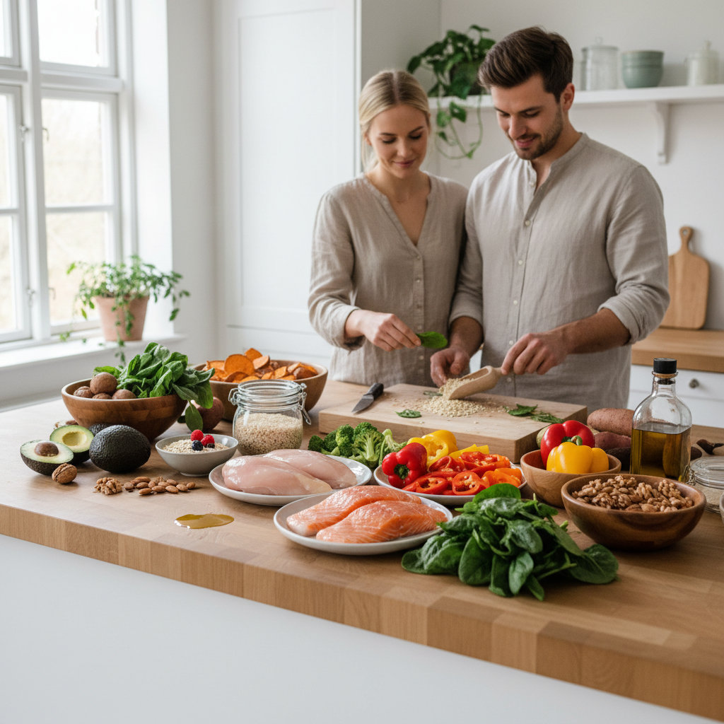 Et velassorteret køkkenbord med en række uforarbejdede fødevarer som kylling, laks, grøntsager, søde kartofler og nødder, klar til madlavning.