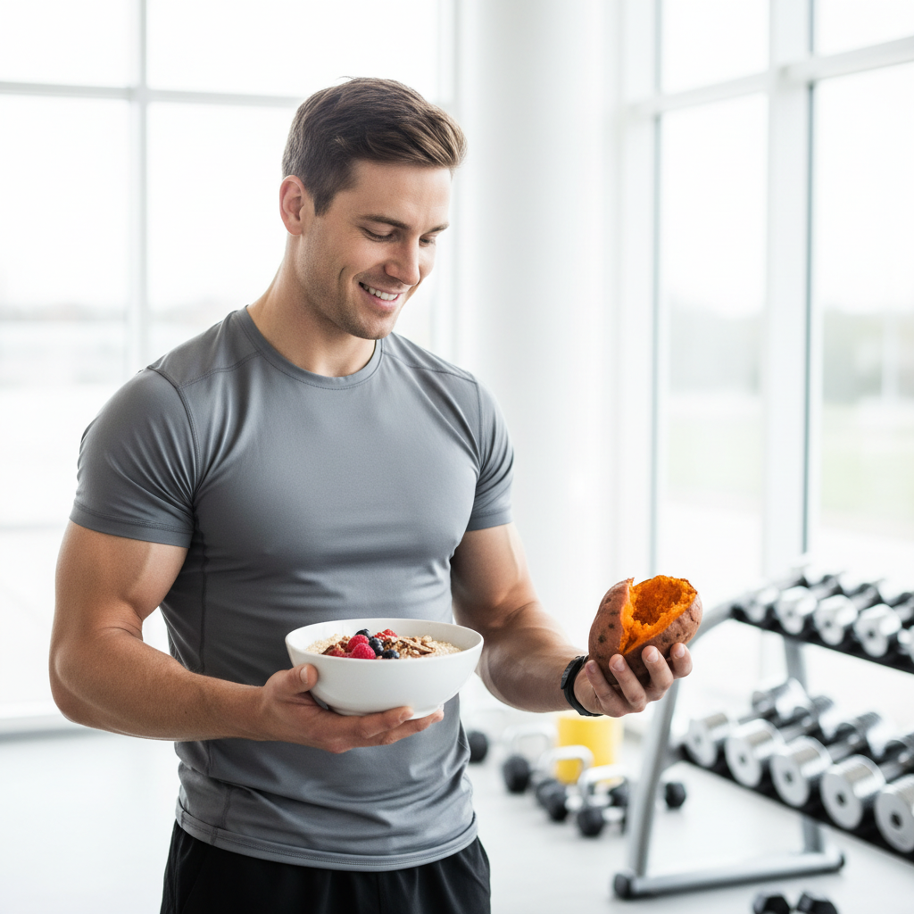 En atlet holder en skål havregryn med bær og en sød kartoffel, som eksempler på komplekse kulhydrater, i et moderne fitnessmiljø.