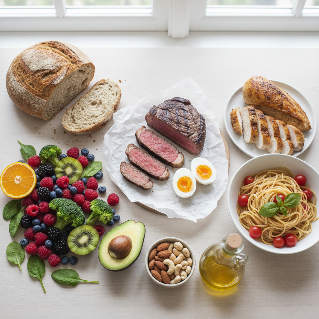 Et udvalg af madvarer arrangeret på et bord, der repræsenterer makronæringsstofferne: protein, kulhydrat og fedt. Ses gør blandt andet kød, æg, pasta, brød, frugt og nødder.