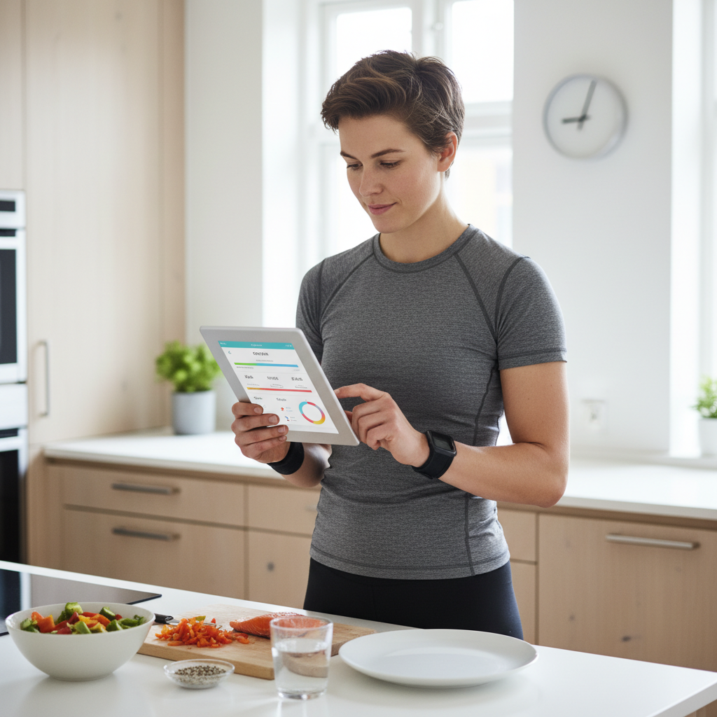 En person, der sidder ved et køkkenbord og indtaster data på en tablet, muligvis i færd med at beregne sit daglige kaloriebehov eller logge indtagne makronæringsstoffer.