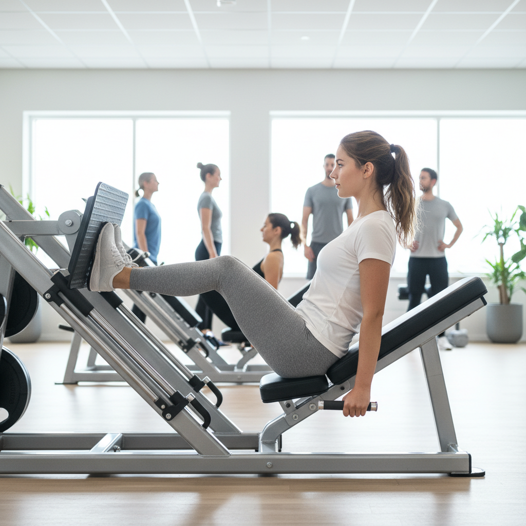 Kvinde træner benpres i maskine med fokus og god form i et moderne fitnesscenter.