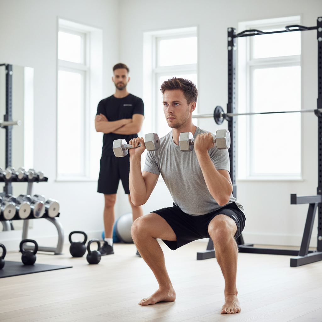 Mand laver squat med lette håndvægte, fokuseret på teknik og balance, med en observatør i baggrunden.