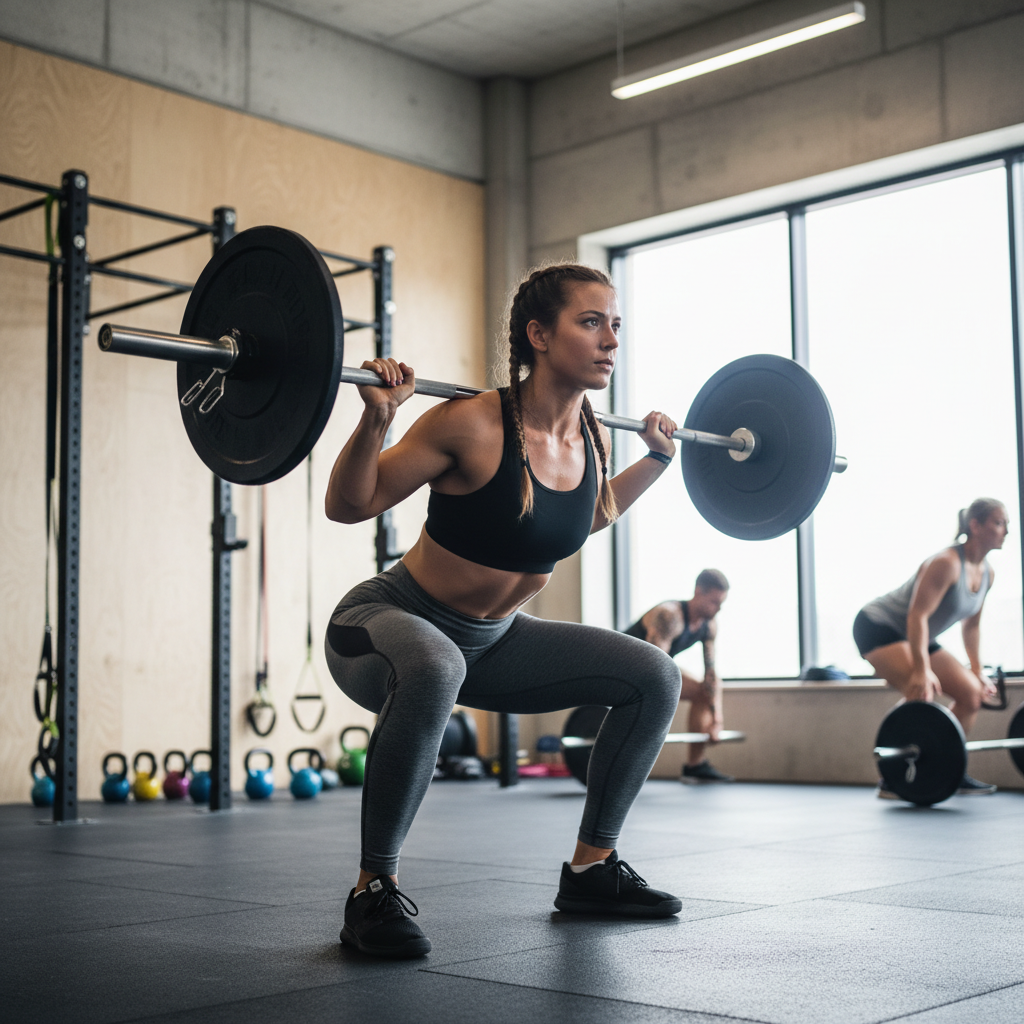 Kvindelig MMA-kæmper udfører tunge squats med vægtstang i et fitnesscenter, fokuseret og stærk.